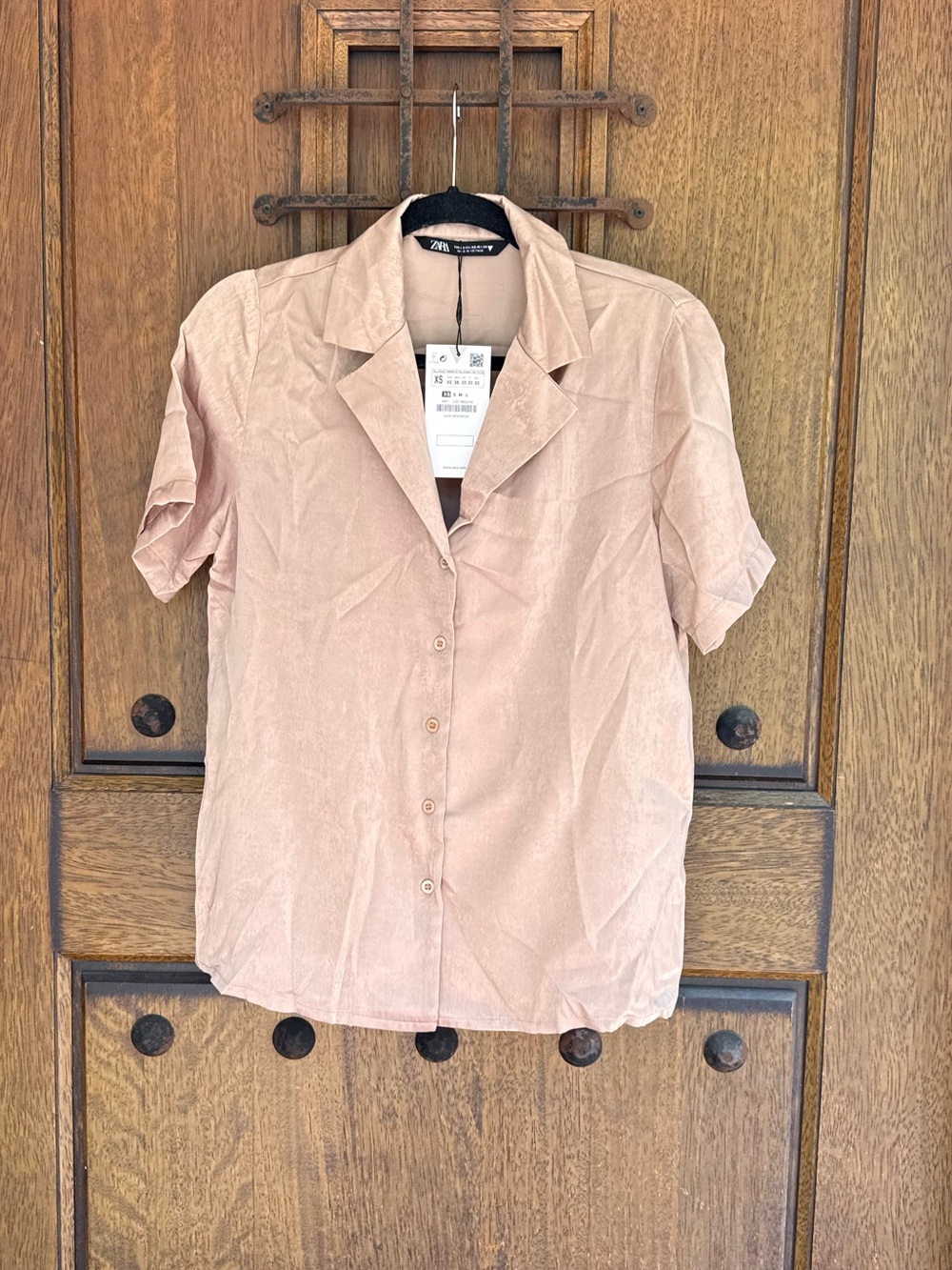Zara Light Brown  Short-Sleeve Button-Down Camp Collar Shirt Size XS